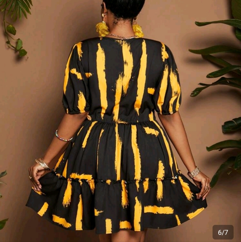 Shein Black & Yellow Striped V-Neck Short Dress 1XL - Picture 7 of 11